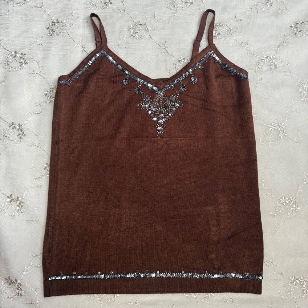 Vintage Y2K Brown Silk-Blend Sequin Trim Cami – Best for Medium